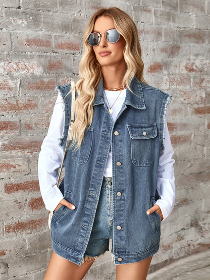 Ladies new washed denim loose vest waistcoat cardigan