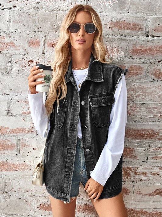 Ladies new washed denim loose vest waistcoat cardigan