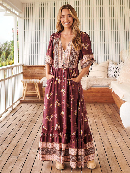 Bohemian Print Sexy V-Neck Button-Down Dress