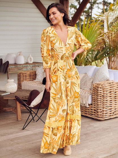 Bohemian Print Sexy V-Neck Button-Down Dress