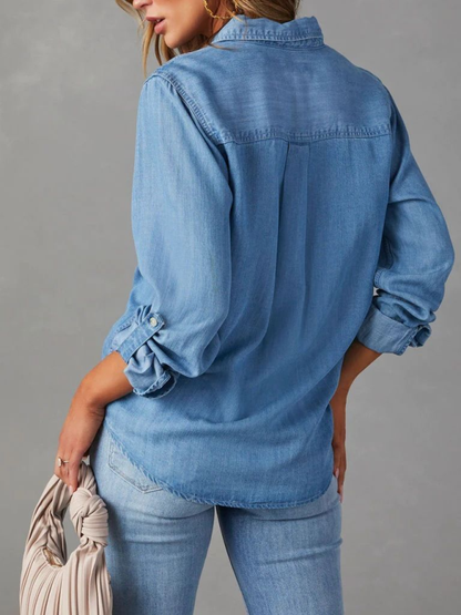 Casual lapel single-breasted long-sleeved denim shirt