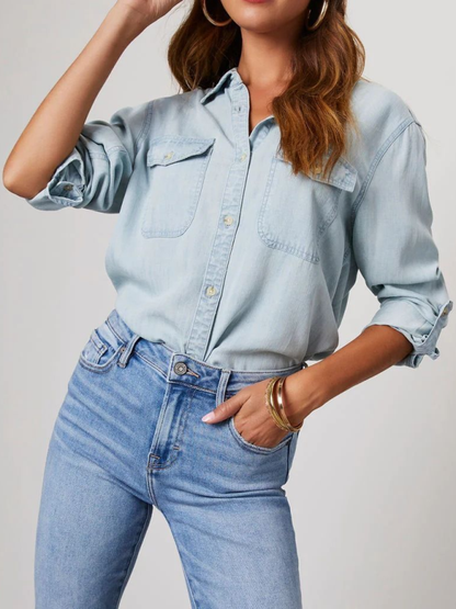 Casual lapel single-breasted long-sleeved denim shirt