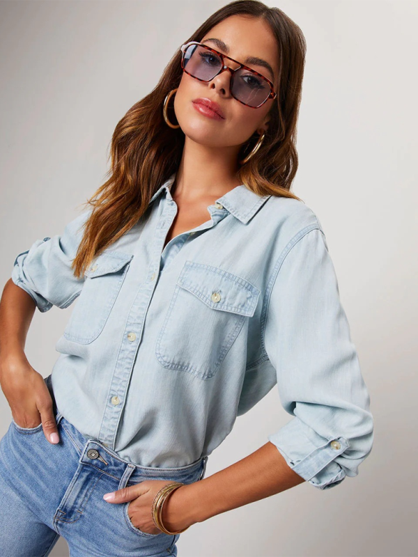 Casual lapel single-breasted long-sleeved denim shirt