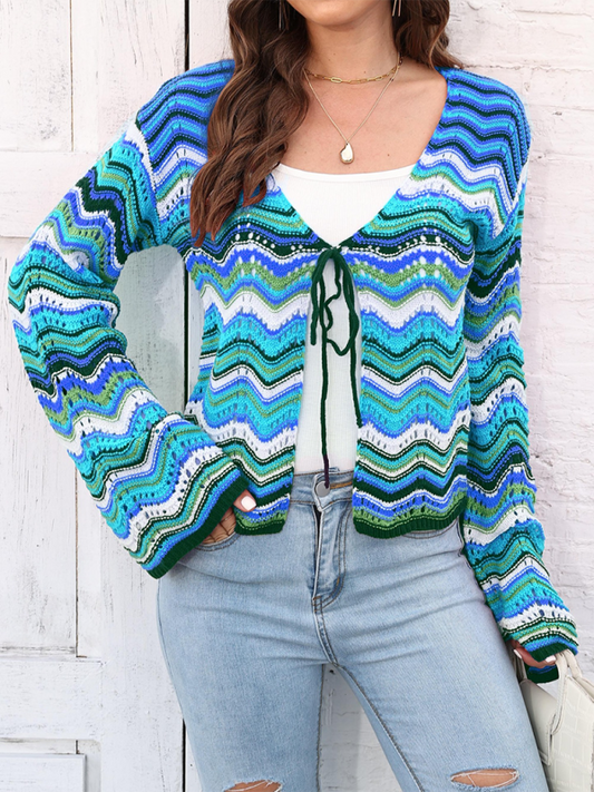 Rainbow Wave Woven Cardigan Sweater with Monochrome Stripes