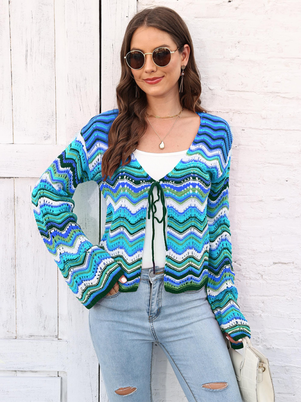 Rainbow Wave Woven Cardigan Sweater with Monochrome Stripes