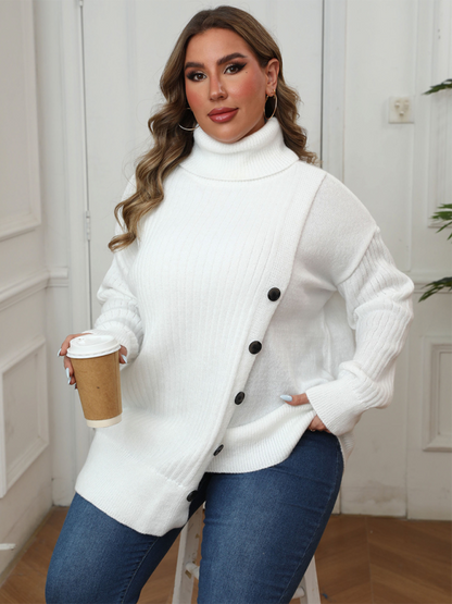 Plus Size Women's Button Decorated Irregular Sweater