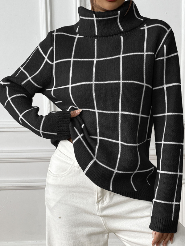 Contrast Plaid Turtleneck Sweater Top