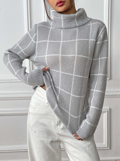 Contrast Plaid Turtleneck Sweater Top