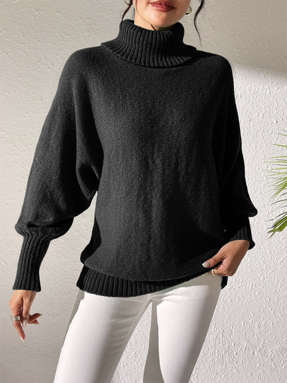 Solid color simple bat sleeve top high collar lapel sweater