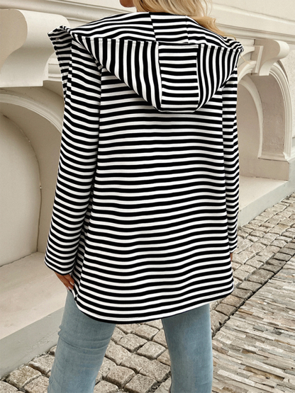 New Striped Cardigan Hooded Knit Long Sleeve Coat