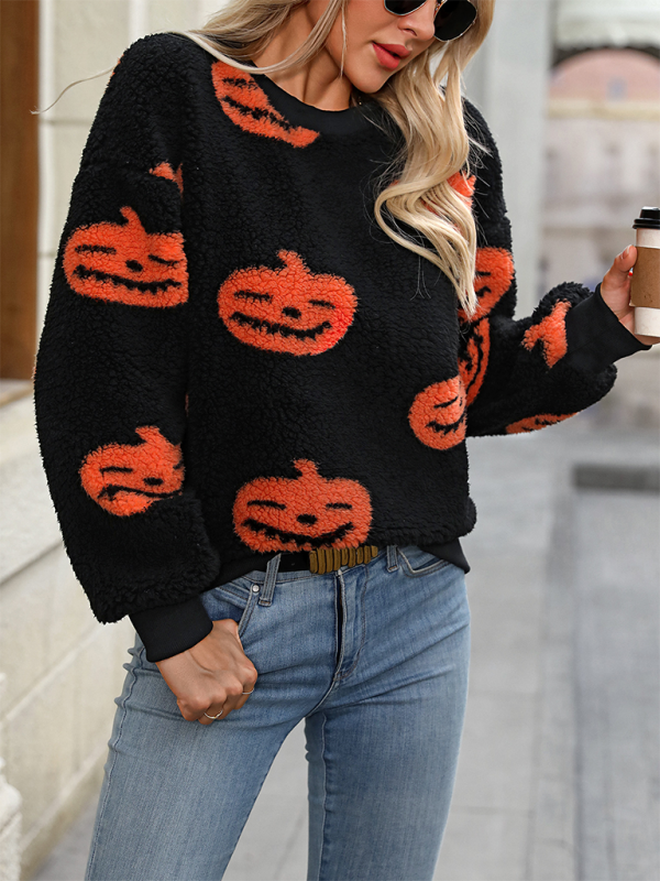 Fashion Loose Halloween Print Plush Loose Pullover Sweatshirt