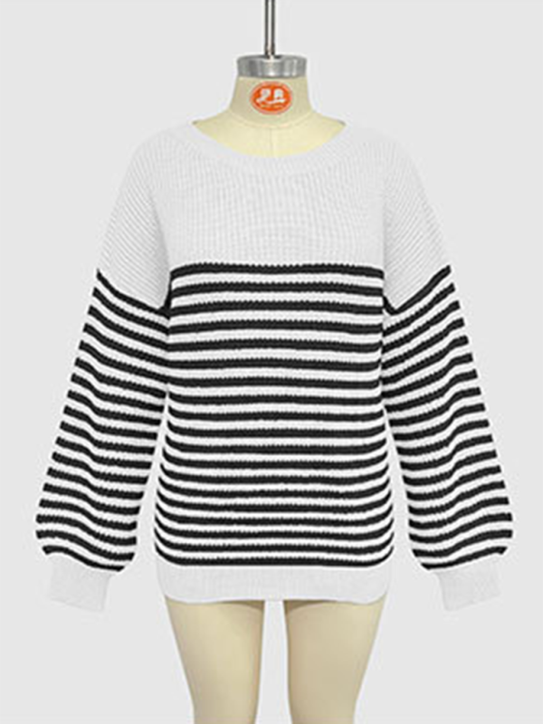 Fashion striped color block knitted long sleeve round neck sweater