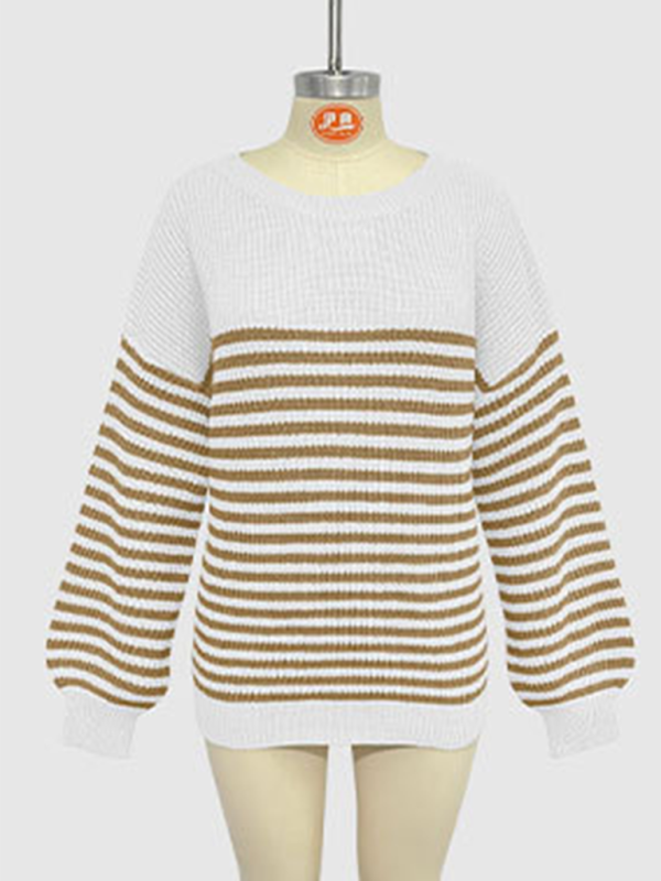 Fashion striped color block knitted long sleeve round neck sweater