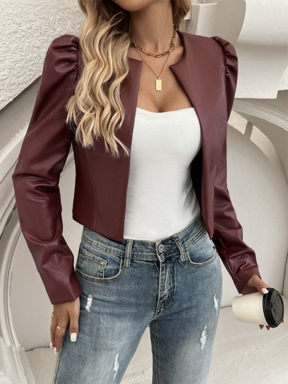 Casual cardigan solid color leather jacket