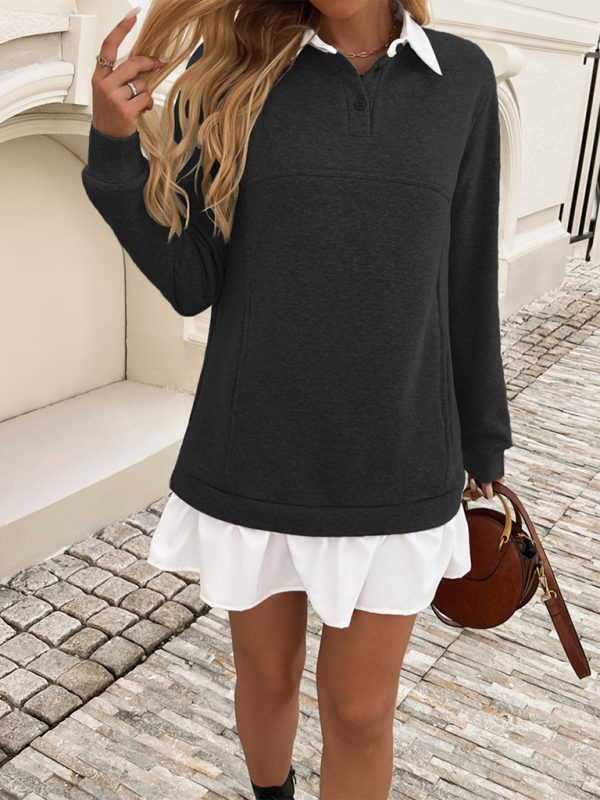 Women's Casual Loose Pocket Patchwork Polo Neck Sweatshirt Dresses