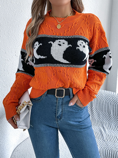 Halloween Themed Spooky Clashing Color Knit Long Sleeve Pullover Sweater