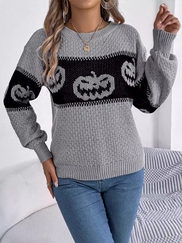 Halloween-themed pumpkin head color-blocked knit long sleeve pullover sweaterr