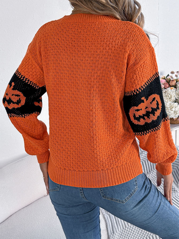 Halloween-themed pumpkin head color-blocked knit long sleeve pullover sweaterr