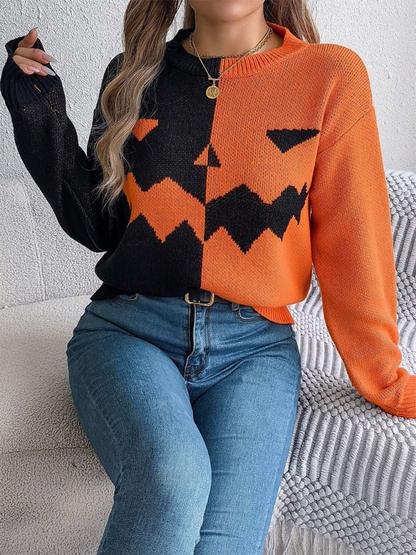 Halloween Spooky Pumpkin Clashing Color Knit Long Sleeve Pullover Sweater