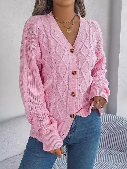 Casual V-neck Lantern Sleeve Twist Button Knit Cardigan Sweater Jacket