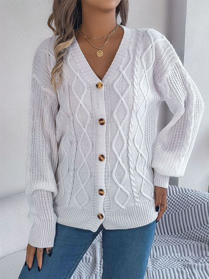 Casual V-neck Lantern Sleeve Twist Button Knit Cardigan Sweater Jacket