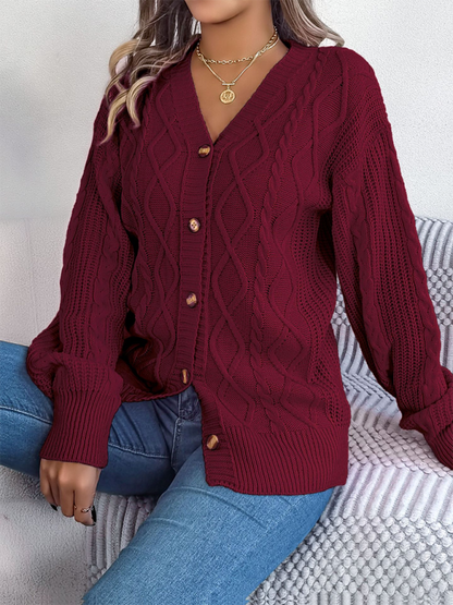 Casual V-neck Lantern Sleeve Twist Button Knit Cardigan Sweater Jacket