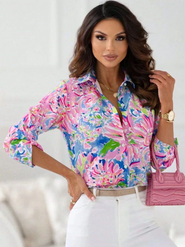 Printed Lapel Long Sleeve Casual Women's Cardigan Shirt