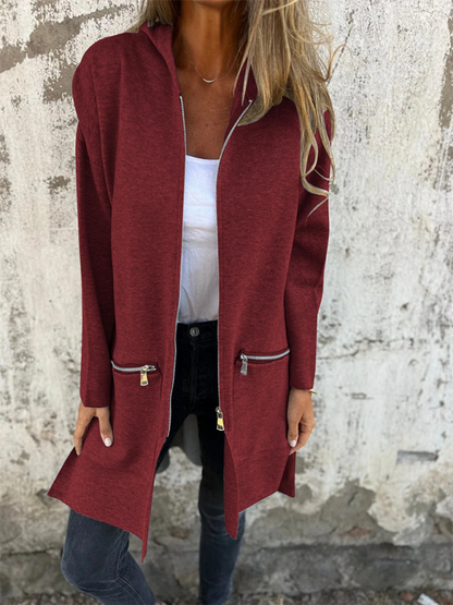 Autumn and winter solid color casual zipper hooded jacket coat