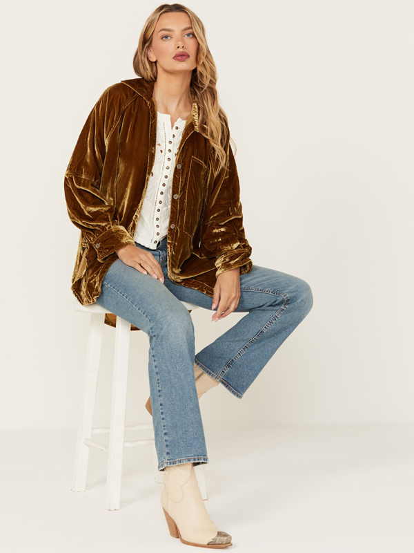 Golden Velvet Oversize Long Sleeve Loose Shirt Jacket