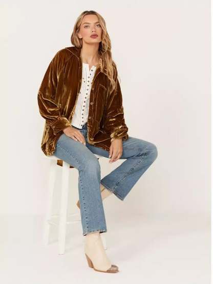 Golden Velvet Oversize Long Sleeve Loose Shirt Jacket