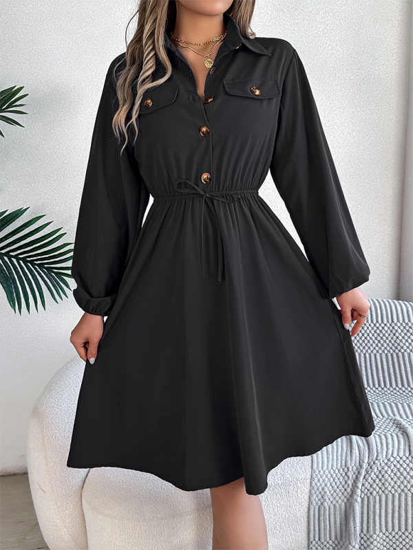 Casual Button Tie Waisted Long Sleeve Shirt Dress