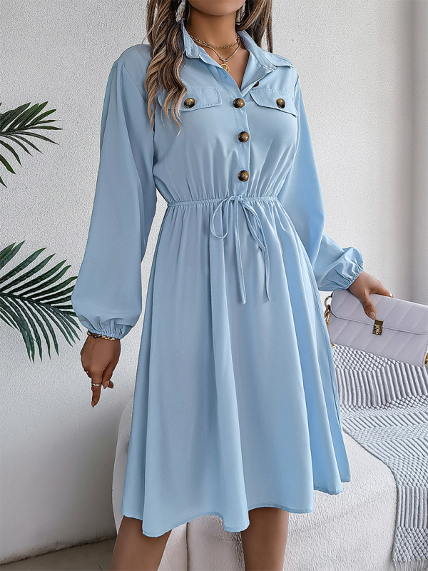 Casual Button Tie Waisted Long Sleeve Shirt Dress