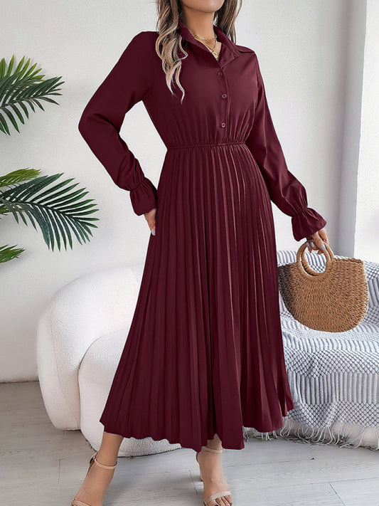 Casual Lapel Button Long Sleeve Waisted Pleated Long Dresses