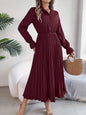 Casual Lapel Button Long Sleeve Waisted Pleated Long Dresses