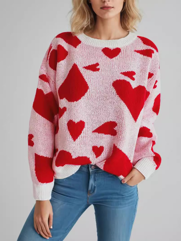 Valentine's Day Sweater Round Neck Heart Two Color Jacquard Pullover Sweet Knit Sweater