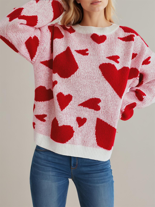 Valentine's Day Sweater Round Neck Heart Two Color Jacquard Pullover Sweet Knit Sweater