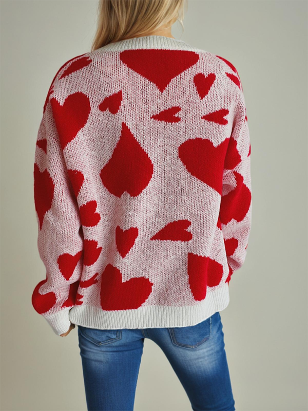 Valentine's Day Sweater Round Neck Heart Two Color Jacquard Pullover Sweet Knit Sweater