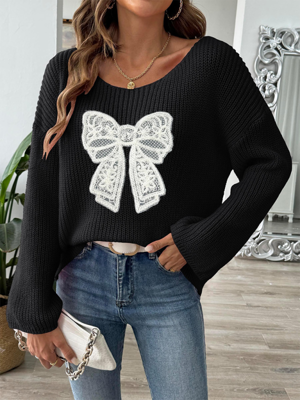 Bow Embroidery Applique Women's Pullover Sweater One Neck Strapless Flare Sleeve Sweater