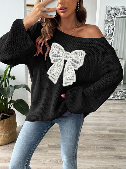 Bow Embroidery Applique Women's Pullover Sweater One Neck Strapless Flare Sleeve Sweater