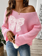 Bow Embroidery Applique Women's Pullover Sweater One Neck Strapless Flare Sleeve Sweater