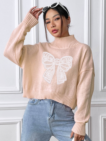 Women's Bow Embroidered Appliqued Turtleneck Pullover Sweater