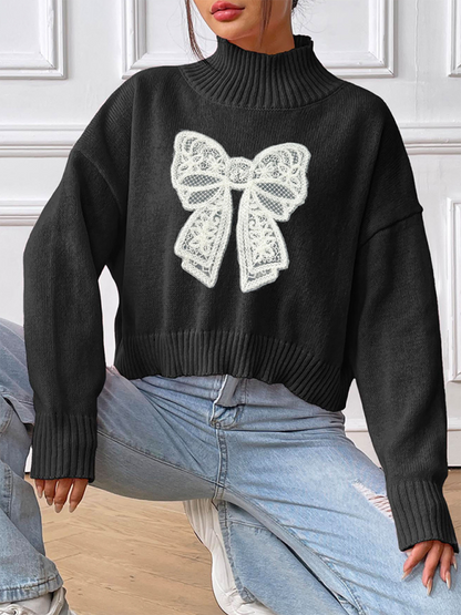 Women's Bow Embroidered Appliqued Turtleneck Pullover Sweater