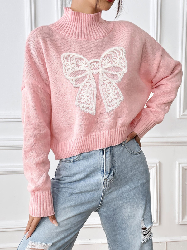 Women's Bow Embroidered Appliqued Turtleneck Pullover Sweater