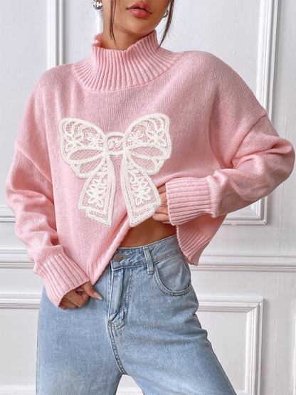 Women's Bow Embroidered Appliqued Turtleneck Pullover Sweater