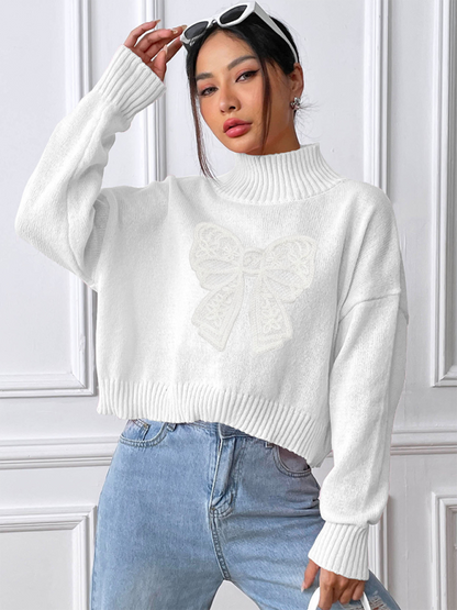 Women's Bow Embroidered Appliqued Turtleneck Pullover Sweater