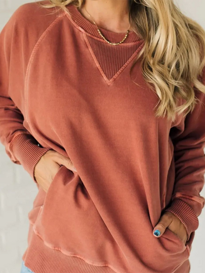 Women's Bat Sleeve Ribbed Embellished Pocket Pullover Sweatshirt