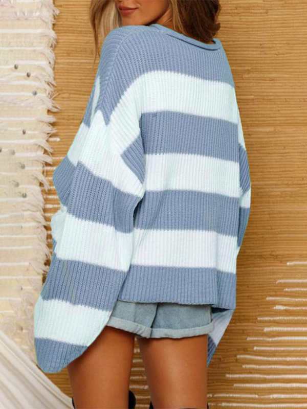 Round Neck Long Sleeve Colorblocked Striped Knit Sweater Flare Sleeve Sweater