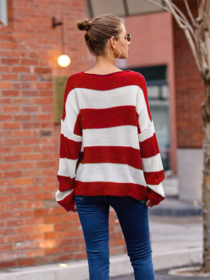 Round Neck Long Sleeve Colorblocked Striped Knit Sweater Flare Sleeve Sweater