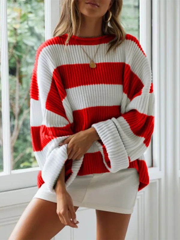 Round Neck Long Sleeve Colorblocked Striped Knit Sweater Flare Sleeve Sweater