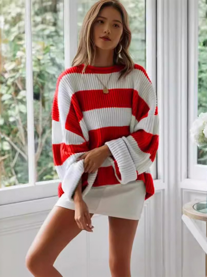 Round Neck Long Sleeve Colorblocked Striped Knit Sweater Flare Sleeve Sweater